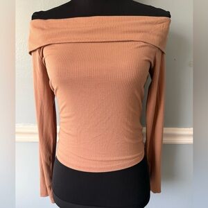 Elegant Tan Off-Shoulder Long Sleeve Top
